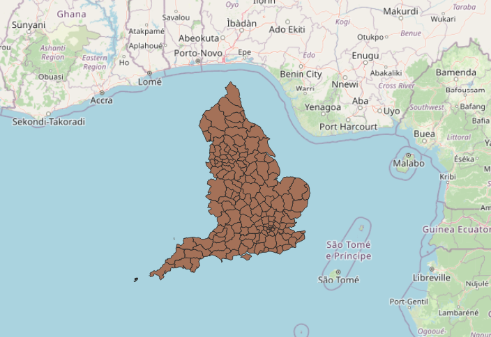 A map showing the UK floating off the coast of Nigeria