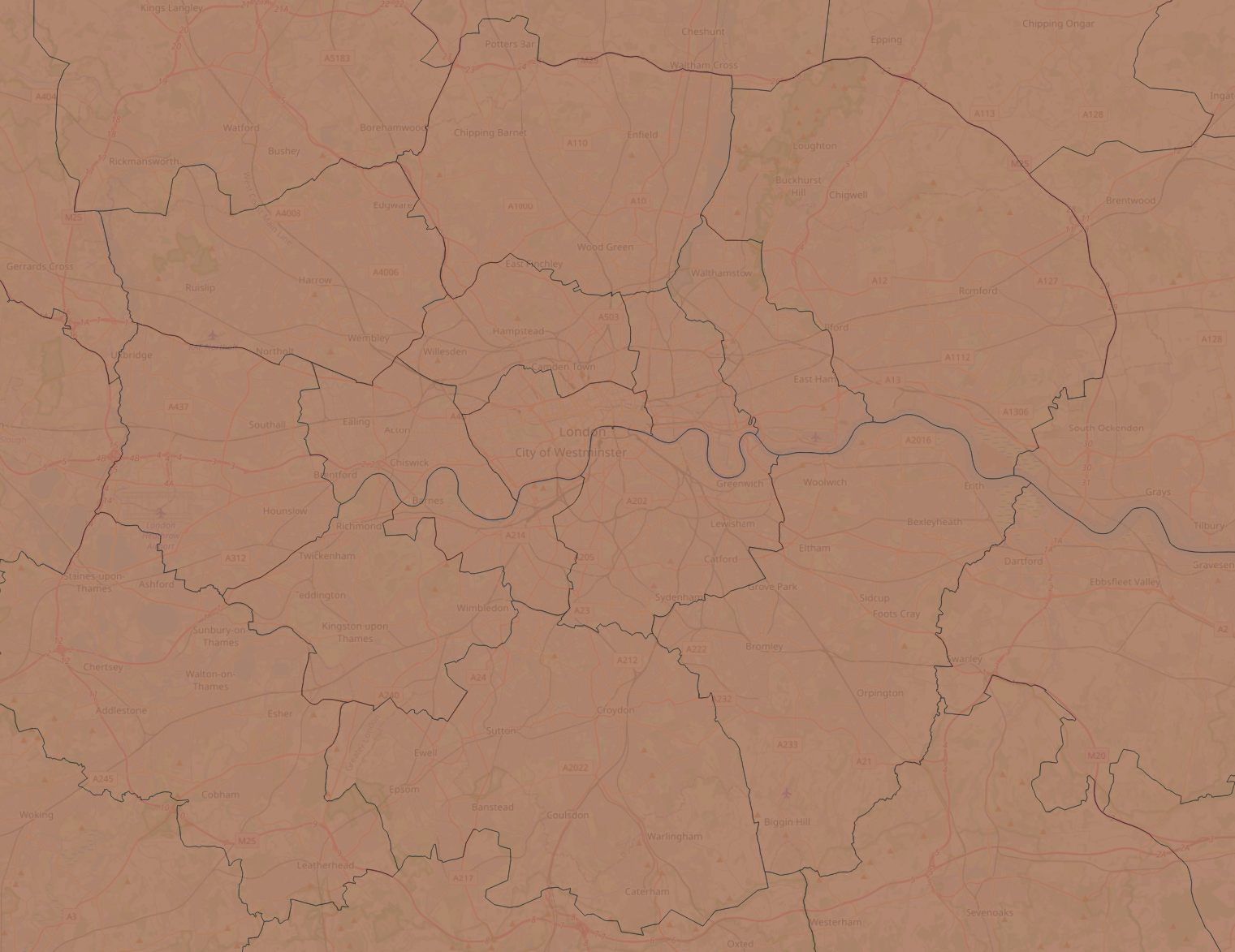 As previous but now zoomed in on London and with transparency so you can see through it